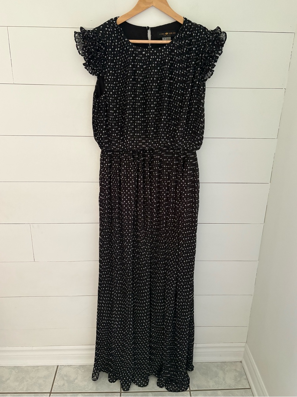 Lotus Threads New York Black Polka Dot Pleated Chiffon Maxi Dress